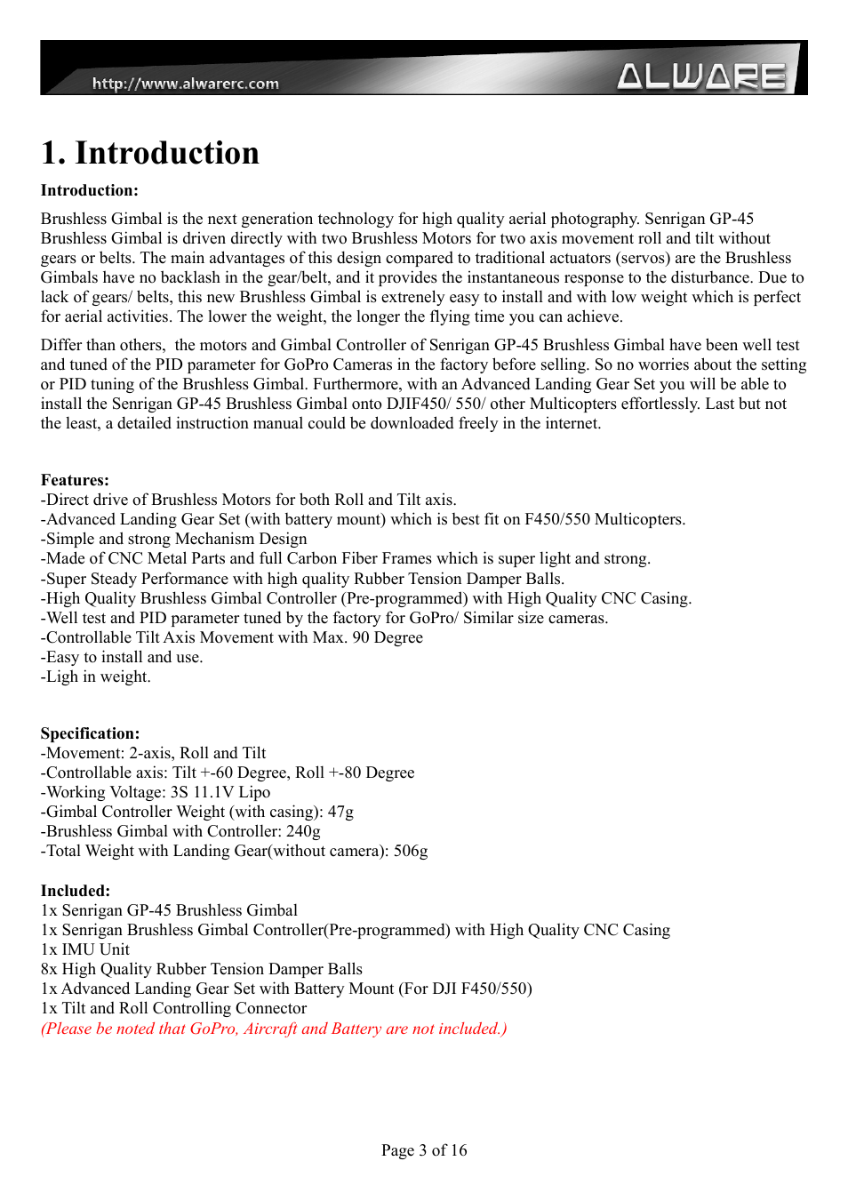 Introduction | Alwarerc Senrigan GP-45 Brushless Gimbal With Advanced Landing Gear User Manual | Page 3 / 17