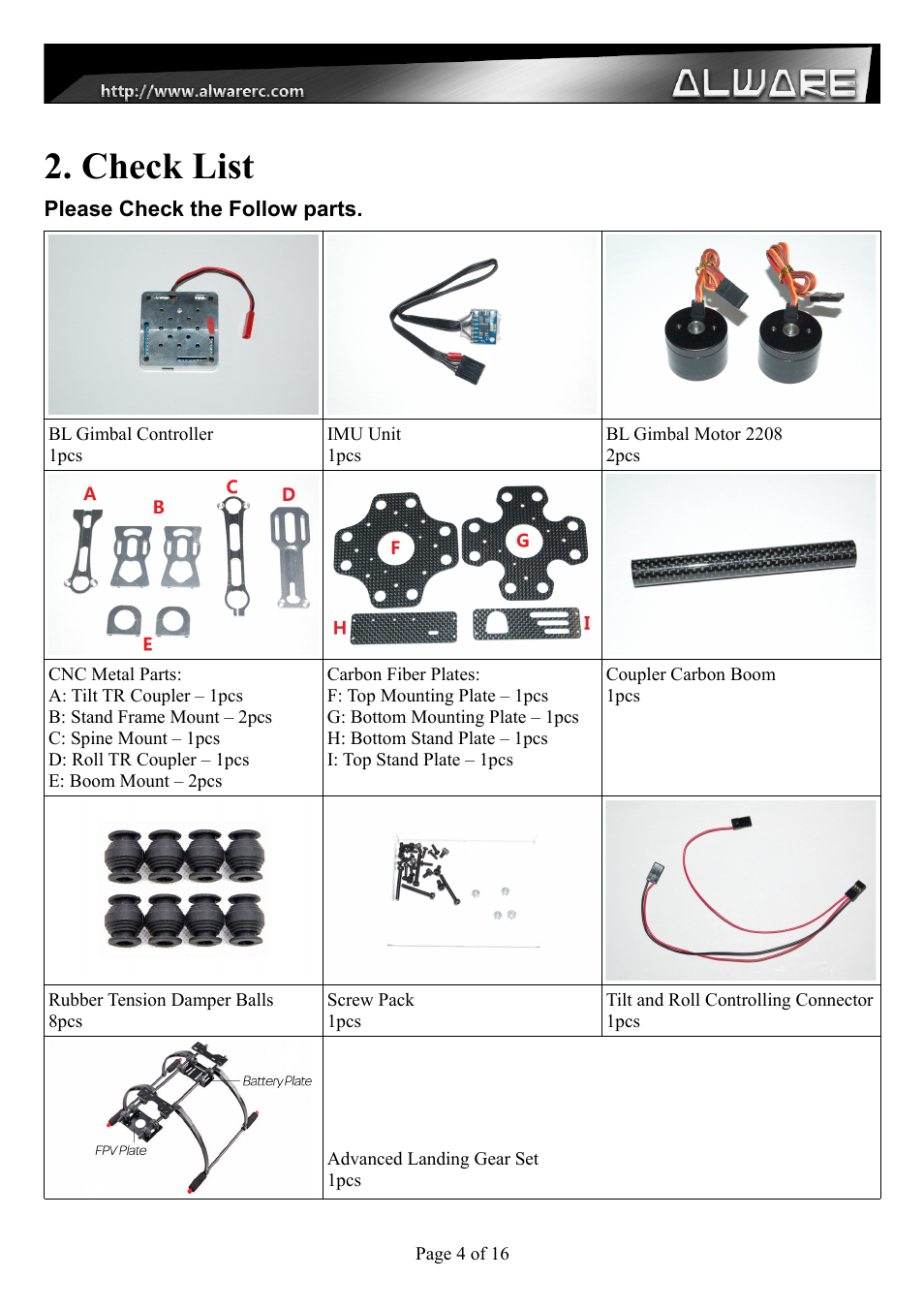 Check list | Alwarerc Senrigan GP-45 Brushless Gimbal With Advanced Landing Gear User Manual | Page 4 / 17