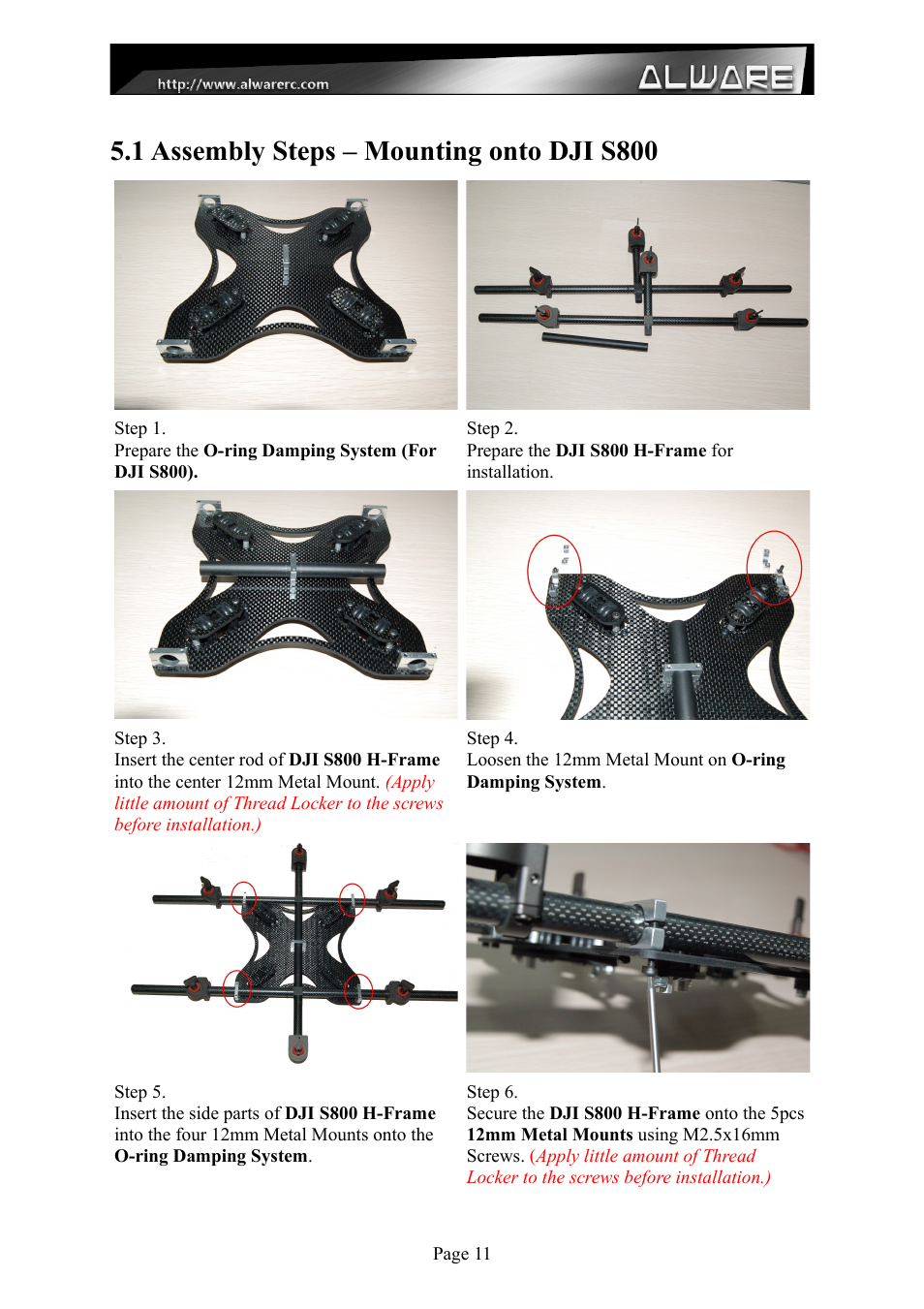 1 assembly steps – mounting onto dji s800 | Alwarerc Lensman-X Public 3-Axis Gimbal (For Streak 800Pro) User Manual | Page 11 / 24