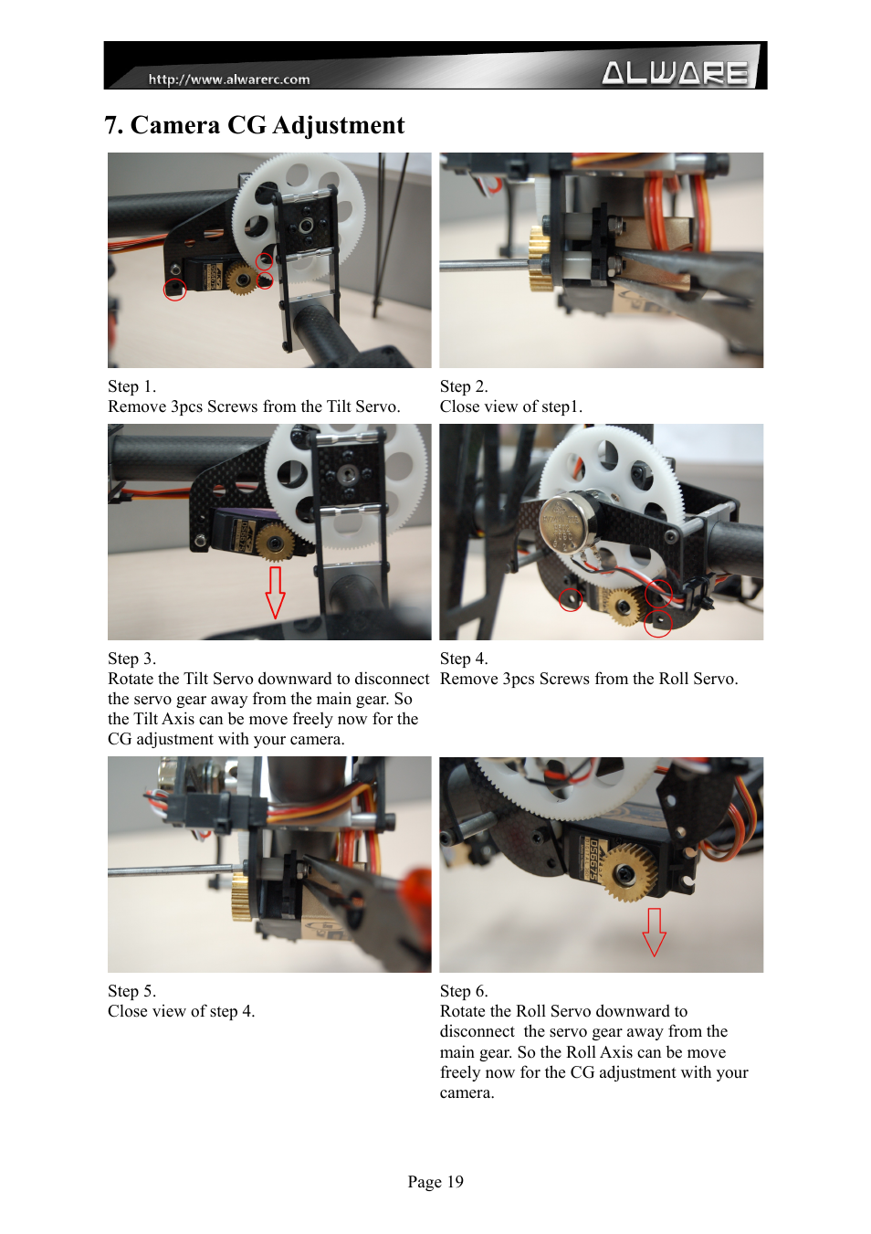 Camera cg adjustment | Alwarerc Lensman-X Public 3-Axis Gimbal (For Streak 800Pro) User Manual | Page 19 / 24