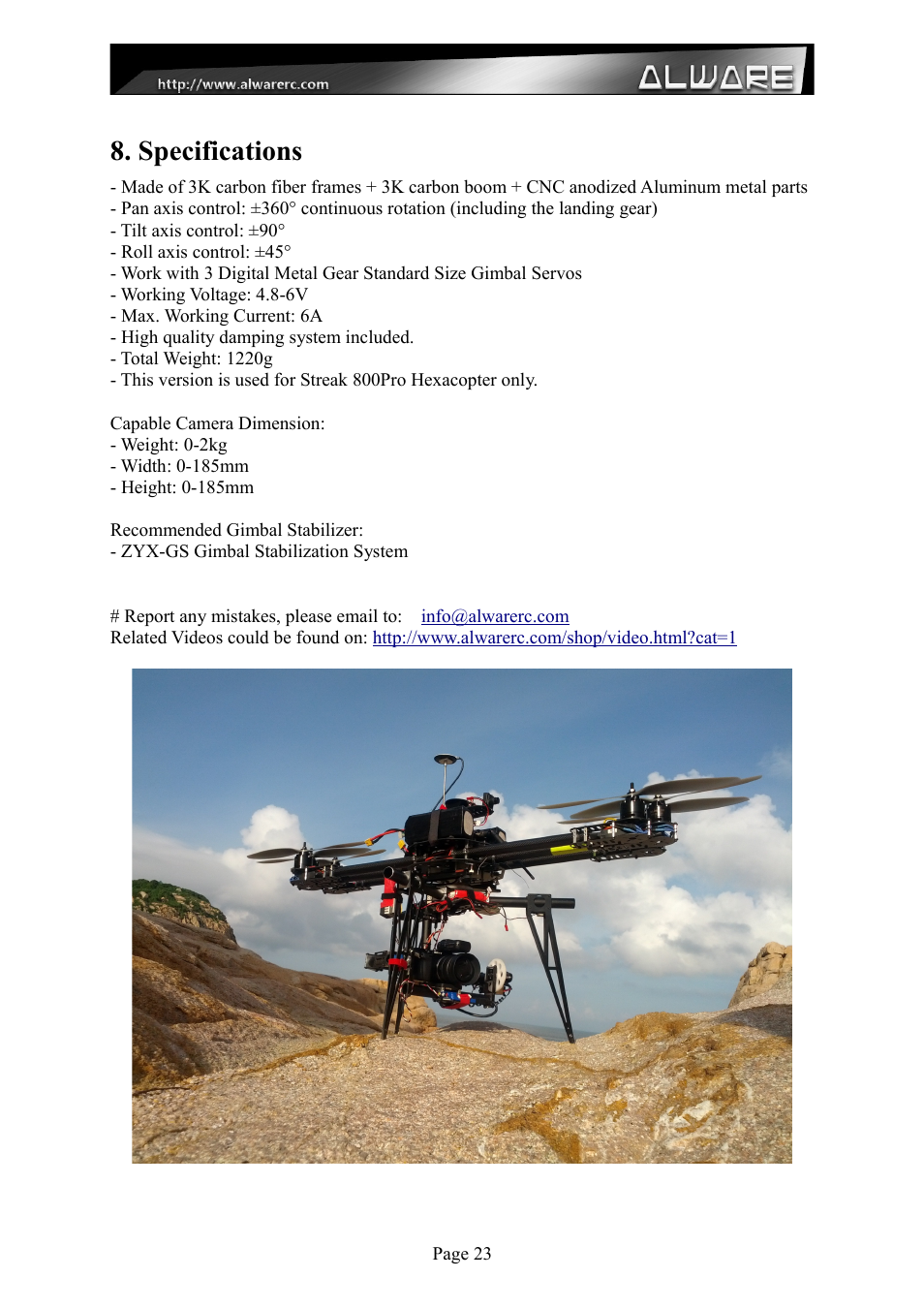 Specifications | Alwarerc Lensman-X Public 3-Axis Gimbal (For Streak 800Pro) User Manual | Page 23 / 24