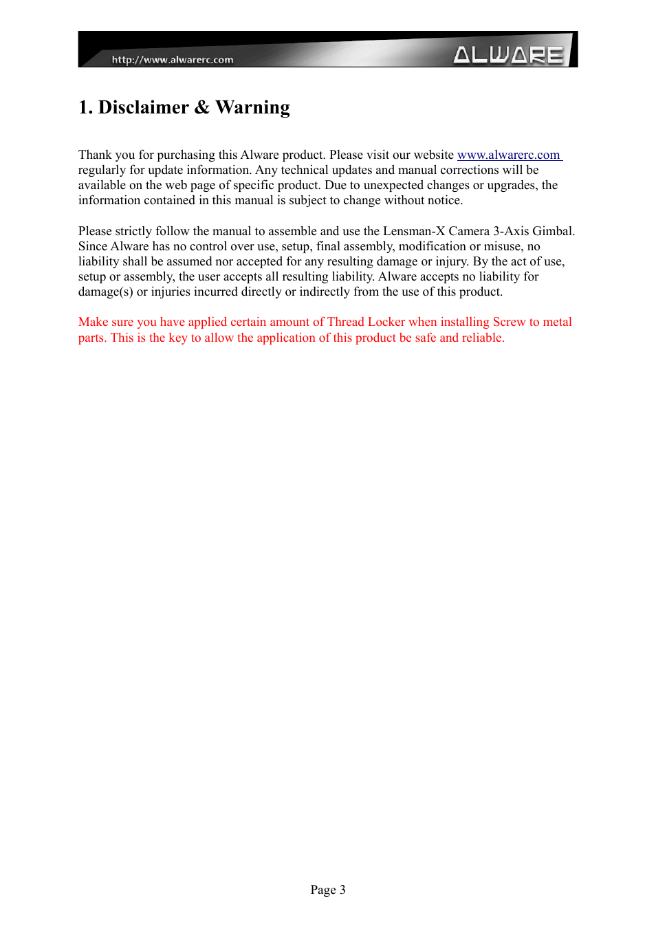 Disclaimer & warning | Alwarerc Lensman-X Public 3-Axis Gimbal (For Streak 800Pro) User Manual | Page 3 / 24