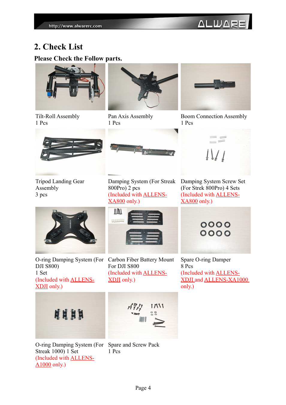 Check list | Alwarerc Lensman-X Public 3-Axis Gimbal (For Streak 800Pro) User Manual | Page 4 / 24