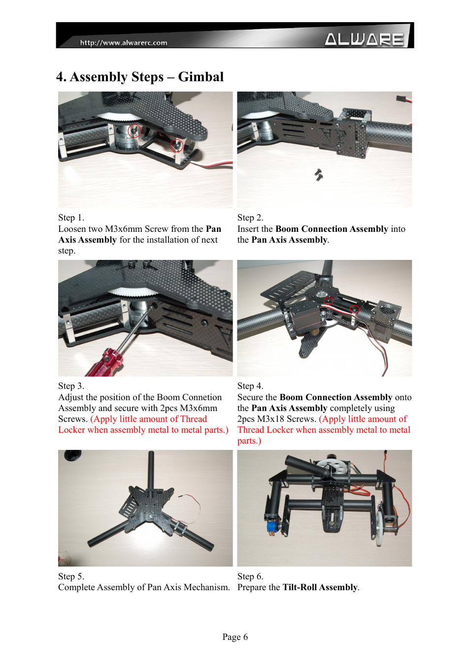 Assembly steps – gimbal | Alwarerc Lensman-X Public 3-Axis Gimbal (For Streak 800Pro) User Manual | Page 6 / 24