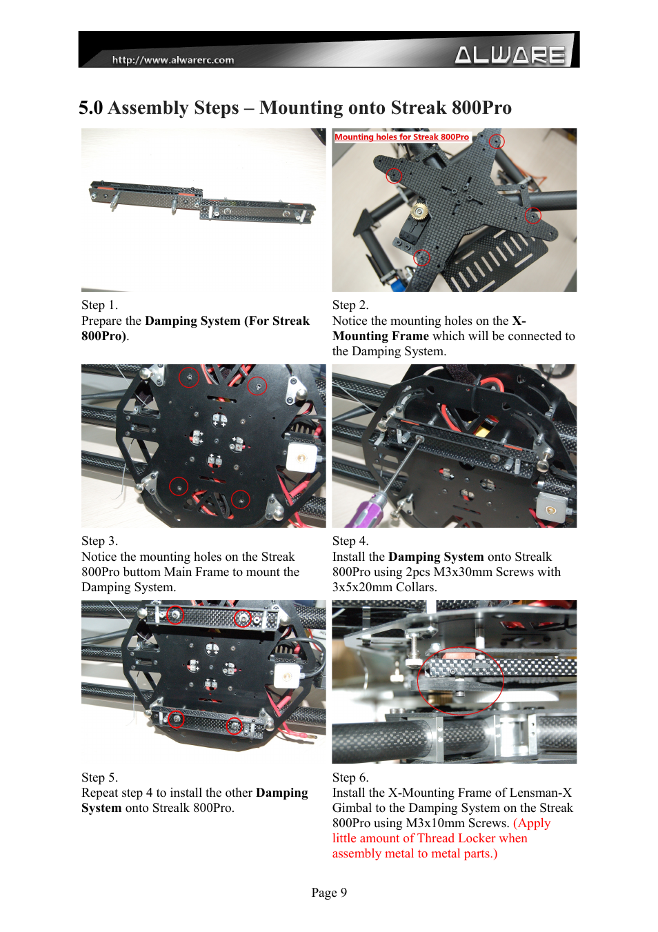 0 assembly steps – mounting onto streak 800pro | Alwarerc Lensman-X Public 3-Axis Gimbal (For Streak 800Pro) User Manual | Page 9 / 24