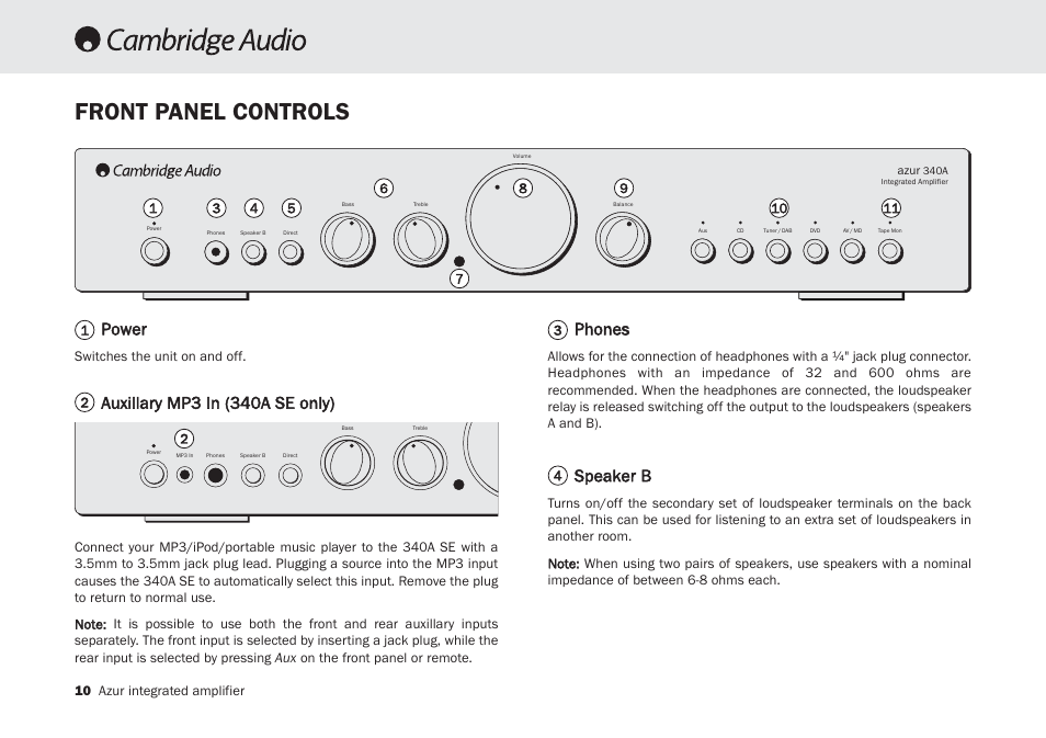 Front panel controls, Power, Auxillary mp3 in (340a se only) | Phones, Speaker b | Cambridge Audio Azur 340A SE User Manual | Page 10 / 18