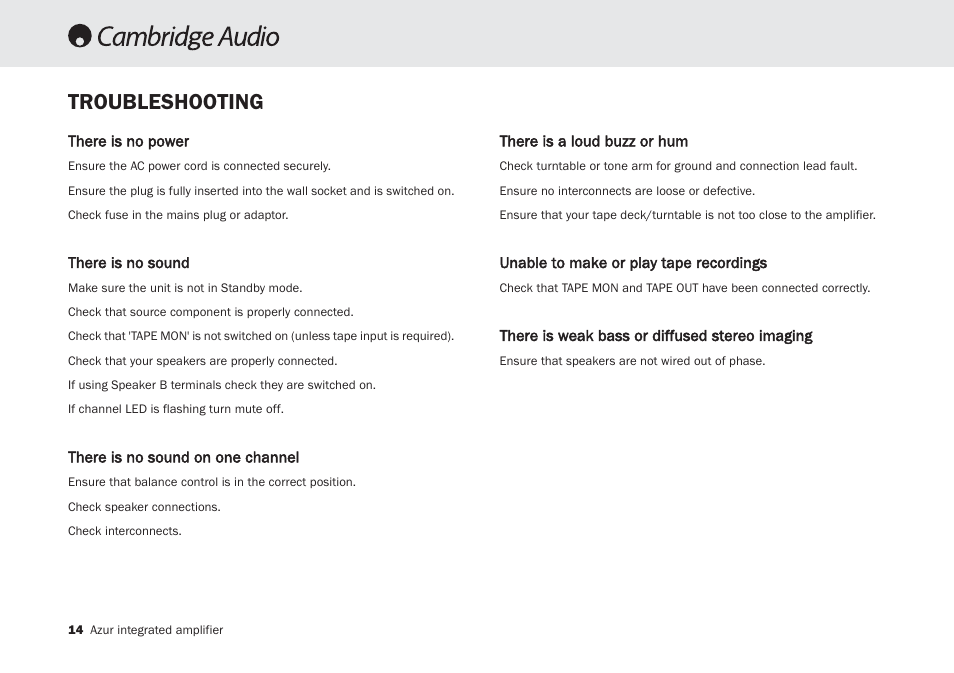 Troubleshooting | Cambridge Audio Azur 340A SE User Manual | Page 14 / 18