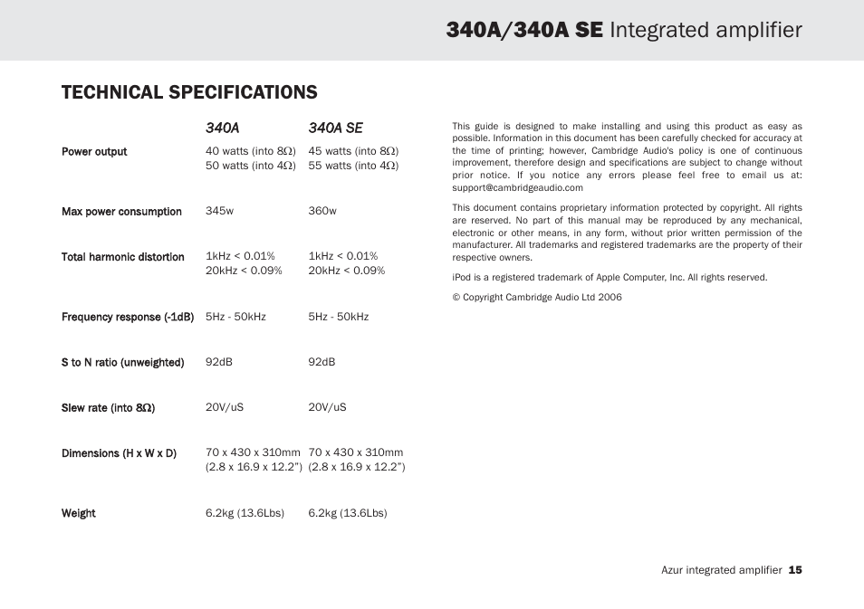Technical specifications | Cambridge Audio Azur 340A SE User Manual | Page 15 / 18