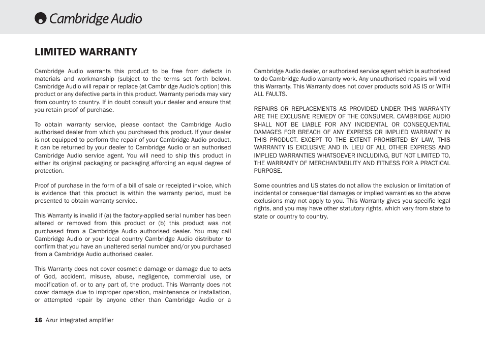 Limited warranty | Cambridge Audio Azur 340A SE User Manual | Page 16 / 18