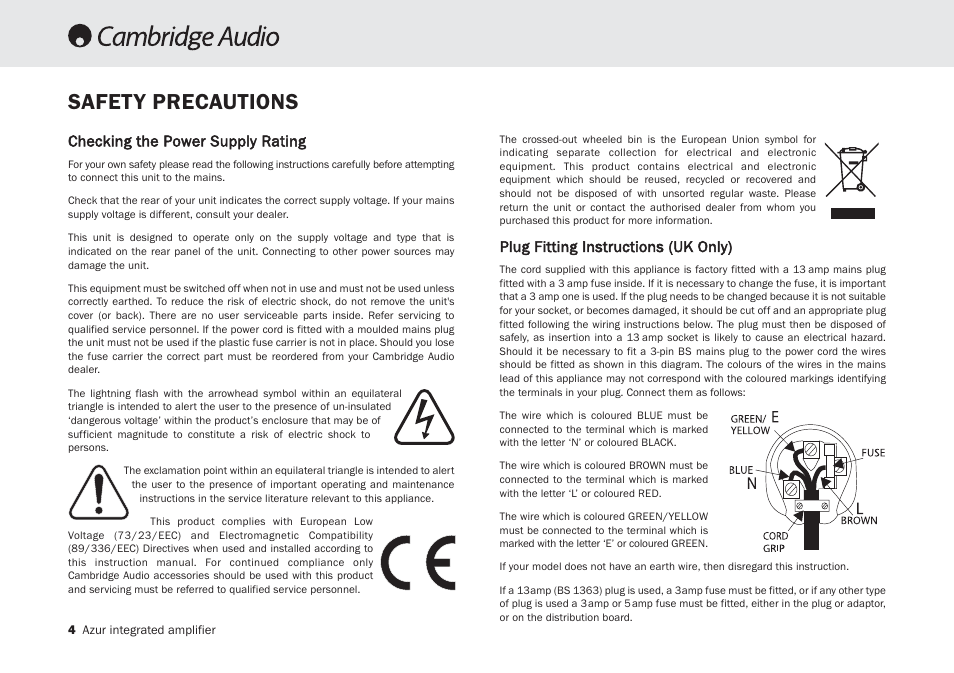 Safety precautions, Checking the power supply rating, Plug fitting instructions (uk only) | Cambridge Audio Azur 340A SE User Manual | Page 4 / 18