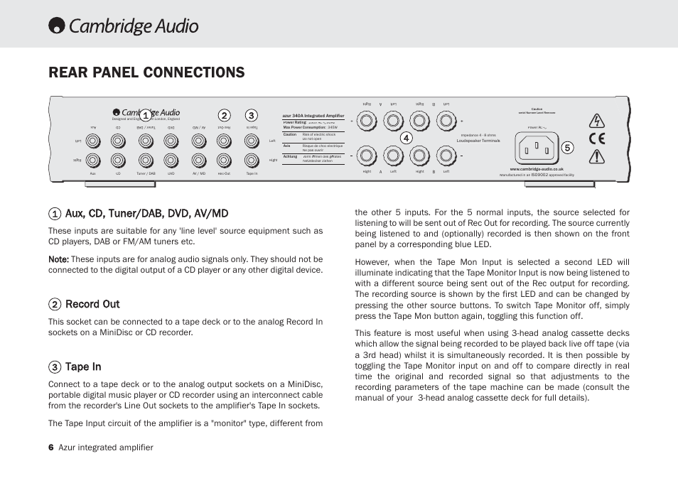Rear panel connections, Aux, cd, tuner/dab, dvd, av/md, Record out | Tape in, 6 azur integrated amplifier | Cambridge Audio Azur 340A SE User Manual | Page 6 / 18