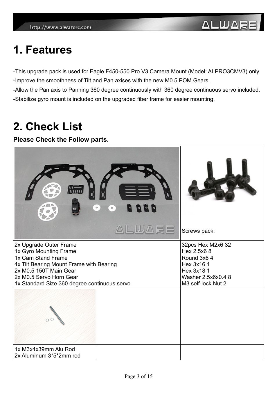 Features, Check list | Alwarerc Eagle Pro V3 Tilt & Pan Upgrade Pack with 360 Continuous Servo User Manual | Page 3 / 15