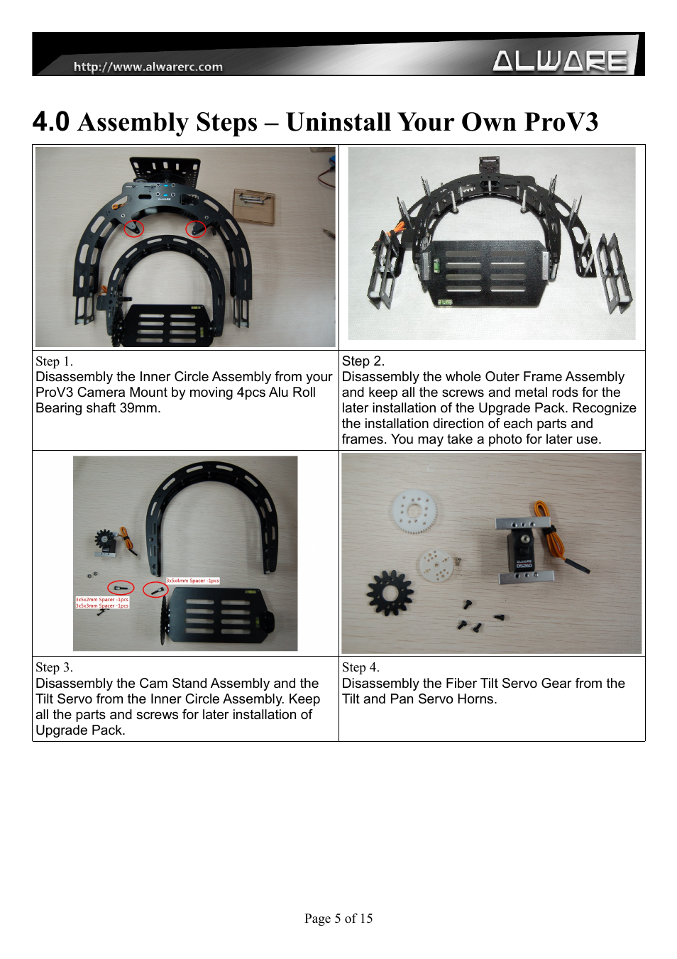 0 assembly steps – uninstall your own prov3 | Alwarerc Eagle Pro V3 Tilt & Pan Upgrade Pack with 360 Continuous Servo User Manual | Page 5 / 15