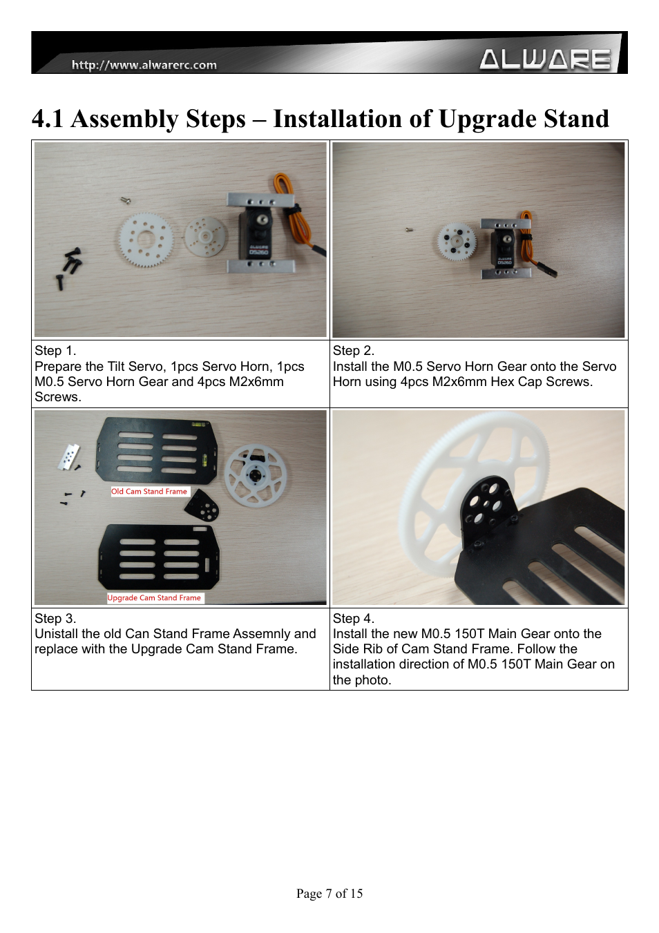 1 assembly steps – installation of upgrade stand | Alwarerc Eagle Pro V3 Tilt & Pan Upgrade Pack with 360 Continuous Servo User Manual | Page 7 / 15