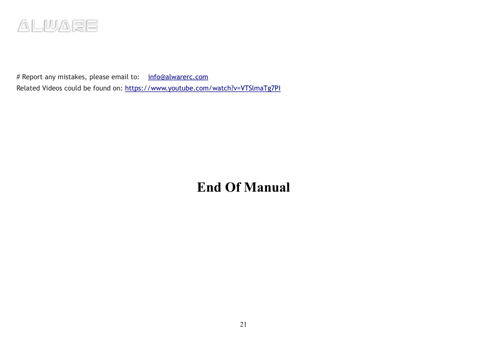 End of manual | Alwarerc Cyclone X8 Octocopter Super Combo User Manual | Page 21 / 21