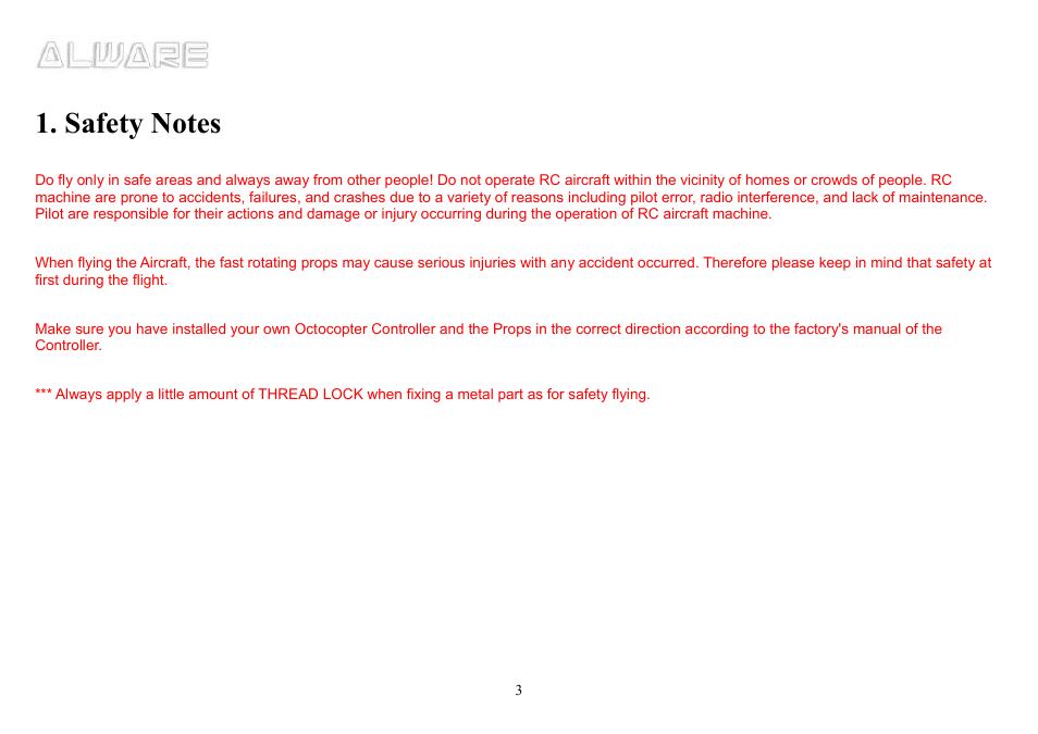 Safety notes | Alwarerc Cyclone X8 Octocopter Super Combo User Manual | Page 3 / 21