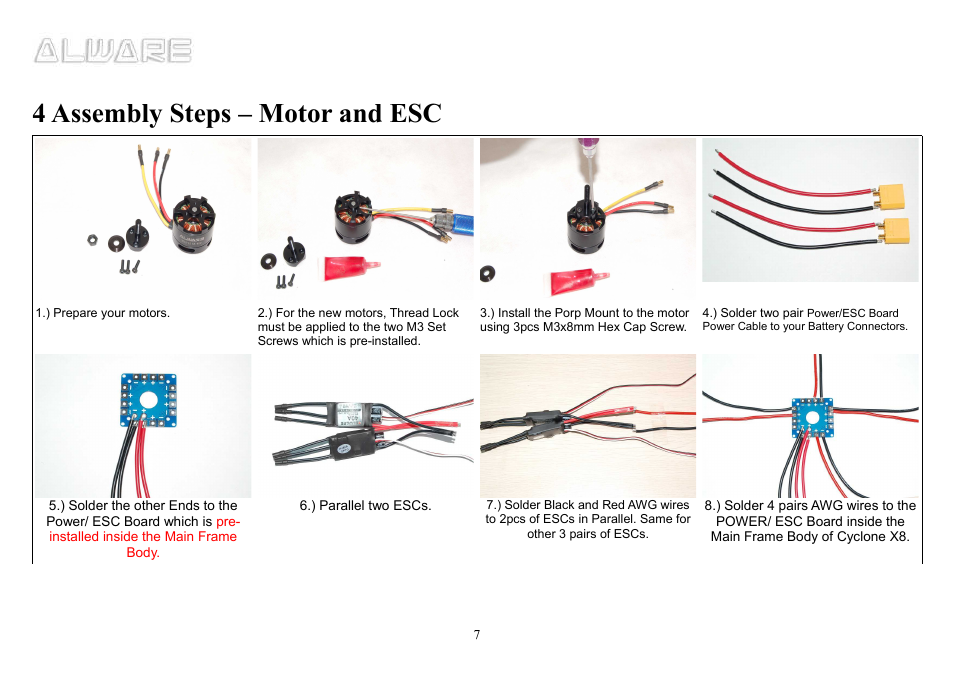 4 assembly steps – motor and esc | Alwarerc Cyclone X8 Octocopter Super Combo User Manual | Page 7 / 21