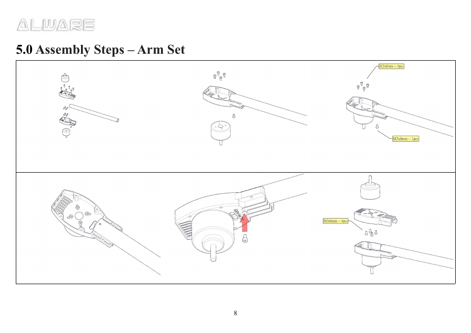 0 assembly steps – arm set | Alwarerc Cyclone X8 Octocopter Super Combo User Manual | Page 8 / 21
