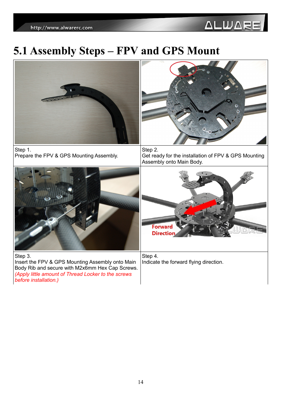 1 assembly steps – fpv and gps mount | Alwarerc Streak 1000 OctoCopter Kit With APC Props User Manual | Page 14 / 25