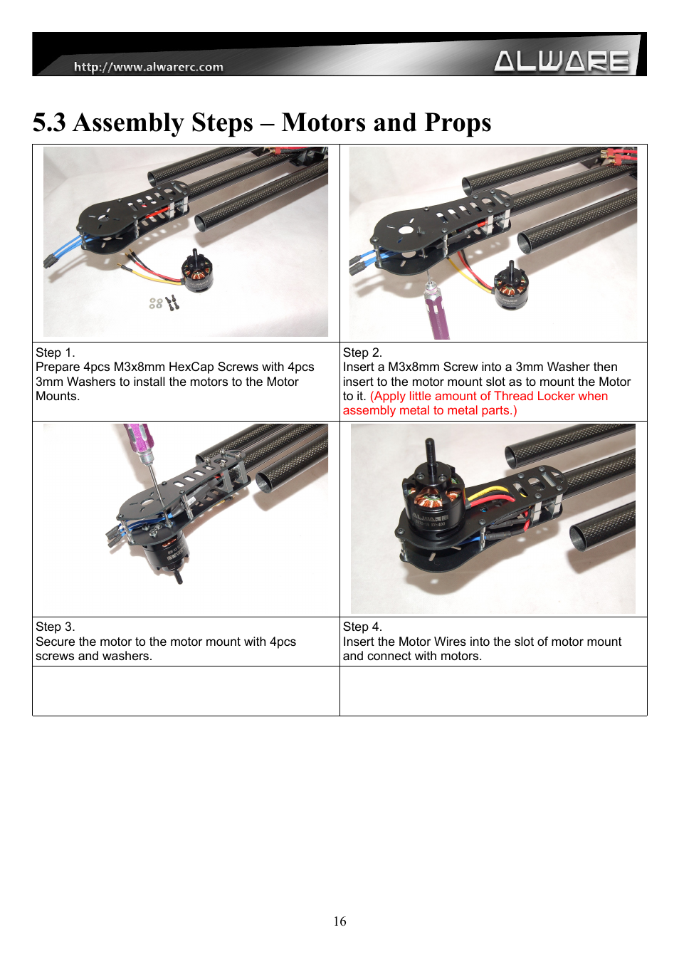 3 assembly steps – motors and props | Alwarerc Streak 1000 OctoCopter Kit With APC Props User Manual | Page 16 / 25