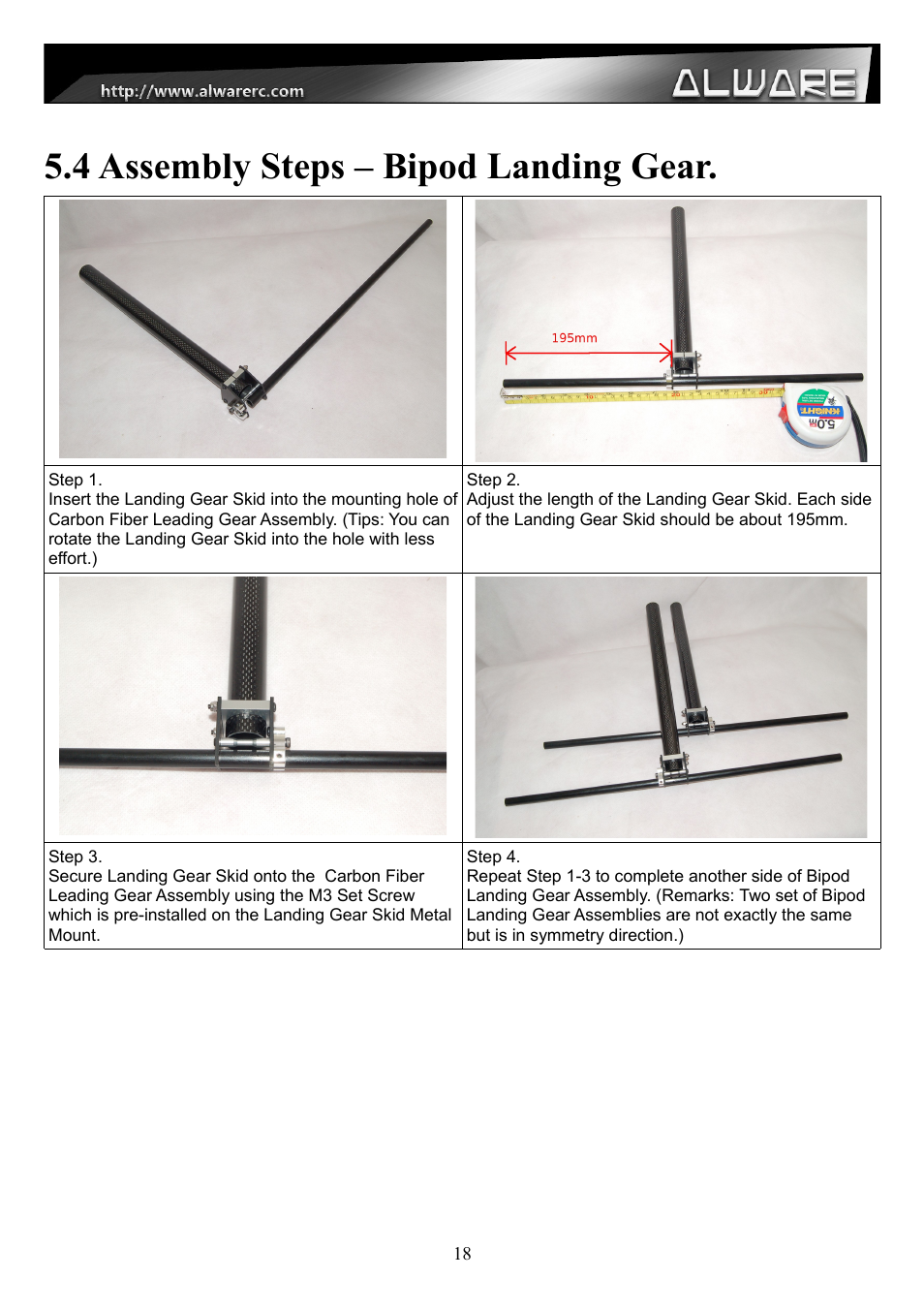 4 assembly steps – bipod landing gear | Alwarerc Streak 1000 OctoCopter Kit With APC Props User Manual | Page 18 / 25