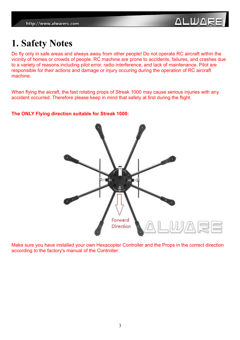 Safety notes | Alwarerc Streak 1000 OctoCopter Kit With APC Props User Manual | Page 3 / 25