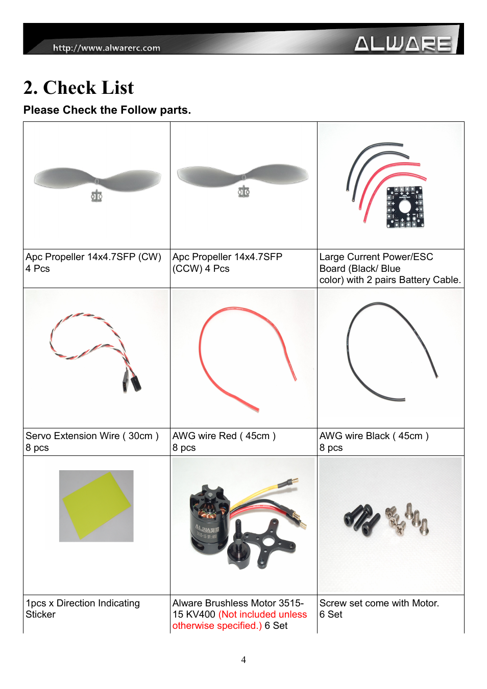 Check list | Alwarerc Streak 1000 OctoCopter Kit With APC Props User Manual | Page 4 / 25