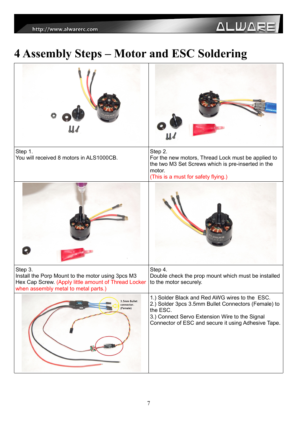 4 assembly steps – motor and esc soldering | Alwarerc Streak 1000 OctoCopter Kit With APC Props User Manual | Page 7 / 25