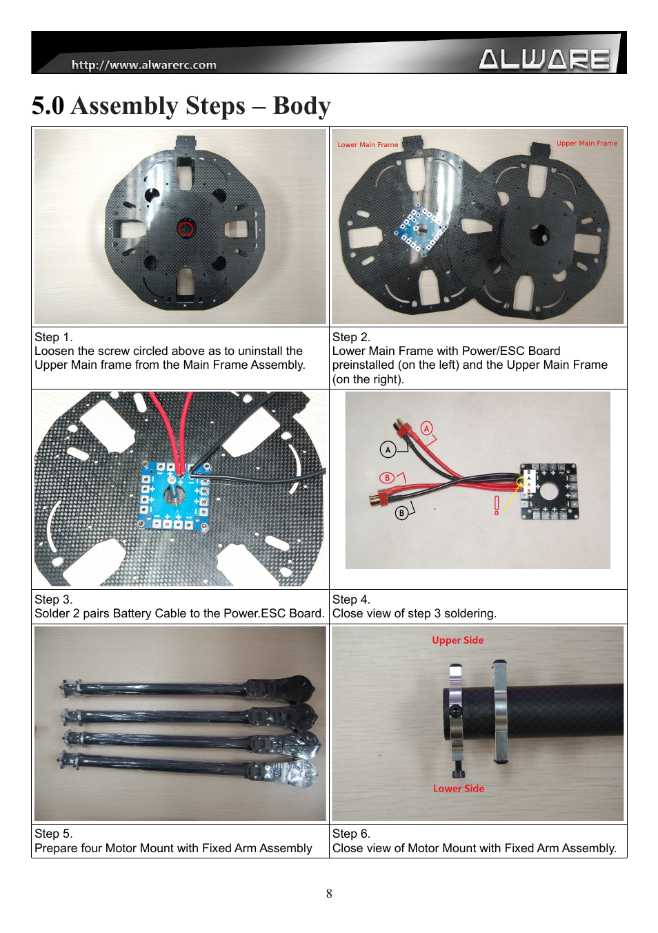 0 assembly steps – body | Alwarerc Streak 1000 OctoCopter Kit With APC Props User Manual | Page 8 / 25