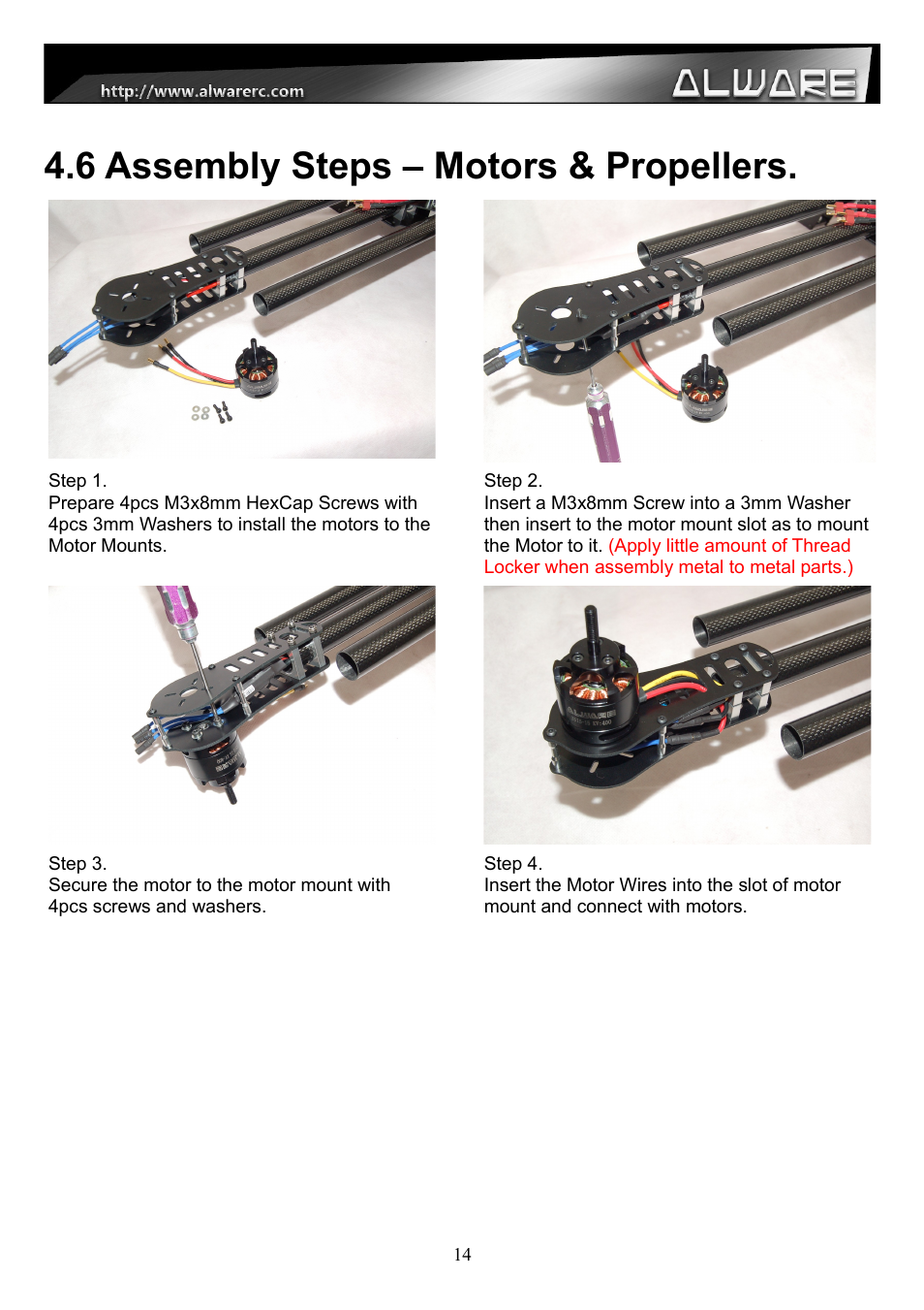 6 assembly steps – motors & propellers | Alwarerc Streak 800Pro Hexacopter Combo User Manual | Page 14 / 24