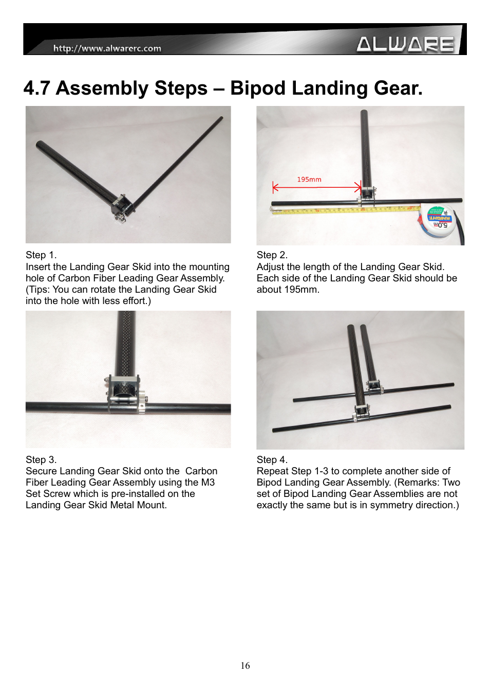 7 assembly steps – bipod landing gear | Alwarerc Streak 800Pro Hexacopter Combo User Manual | Page 16 / 24
