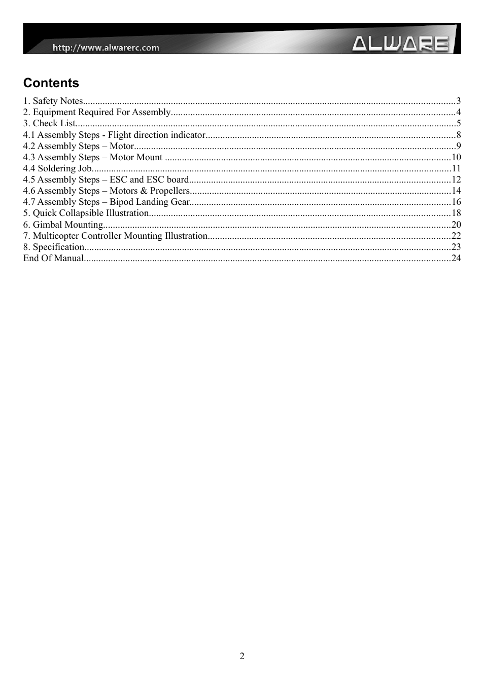 Alwarerc Streak 800Pro Hexacopter Combo User Manual | Page 2 / 24