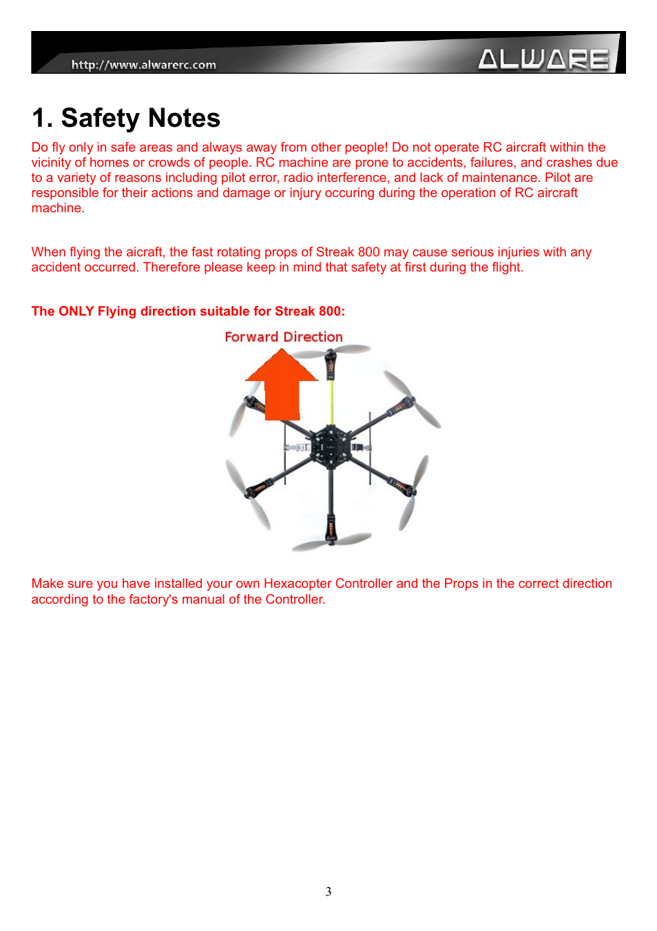 Safety notes | Alwarerc Streak 800Pro Hexacopter Combo User Manual | Page 3 / 24