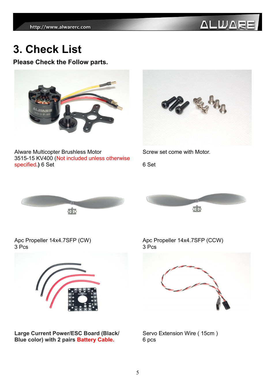 Check list | Alwarerc Streak 800Pro Hexacopter Combo User Manual | Page 5 / 24