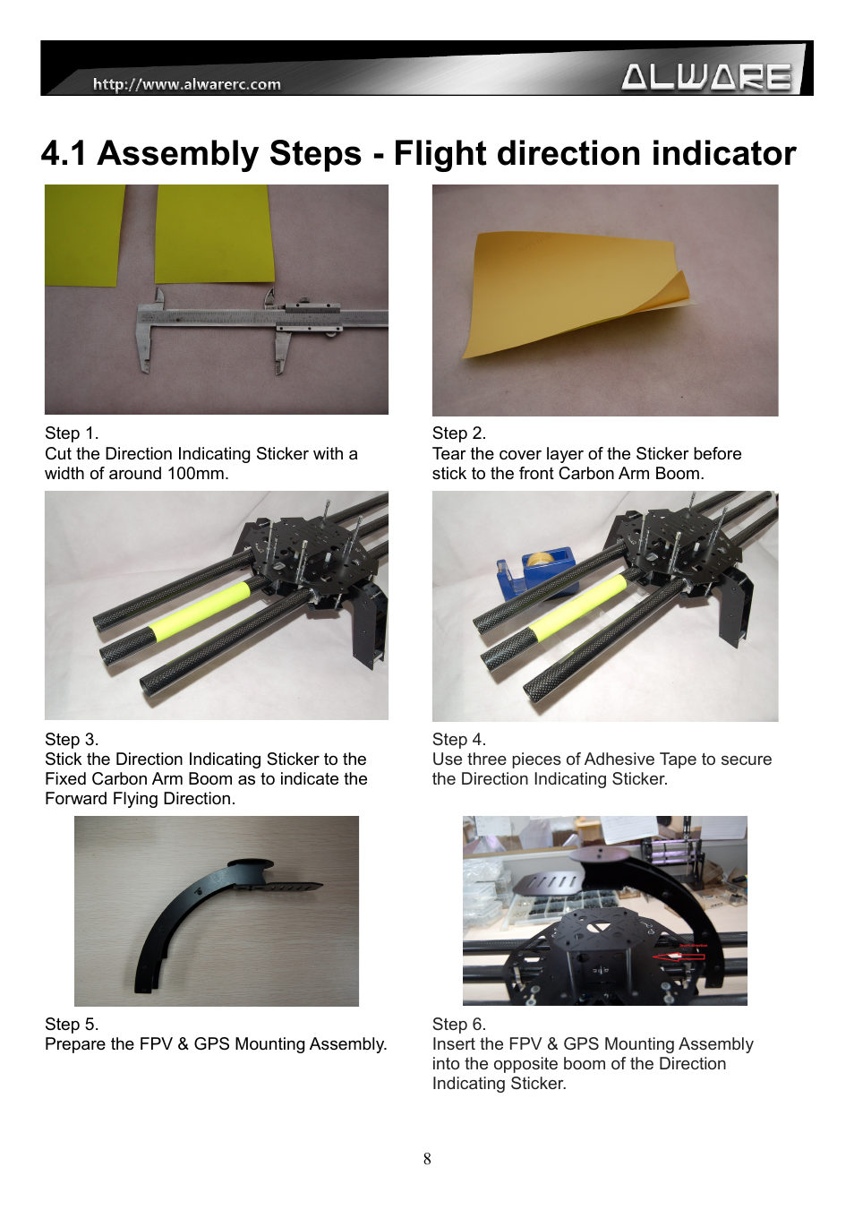 1 assembly steps - flight direction indicator | Alwarerc Streak 800Pro Hexacopter Combo User Manual | Page 8 / 24