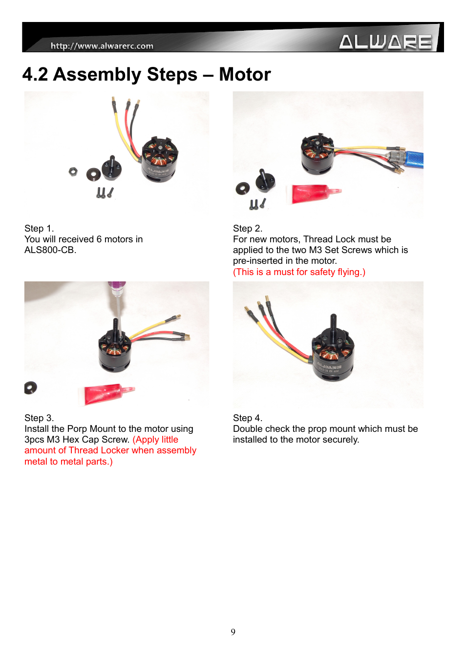 2 assembly steps – motor | Alwarerc Streak 800Pro Hexacopter Combo User Manual | Page 9 / 24