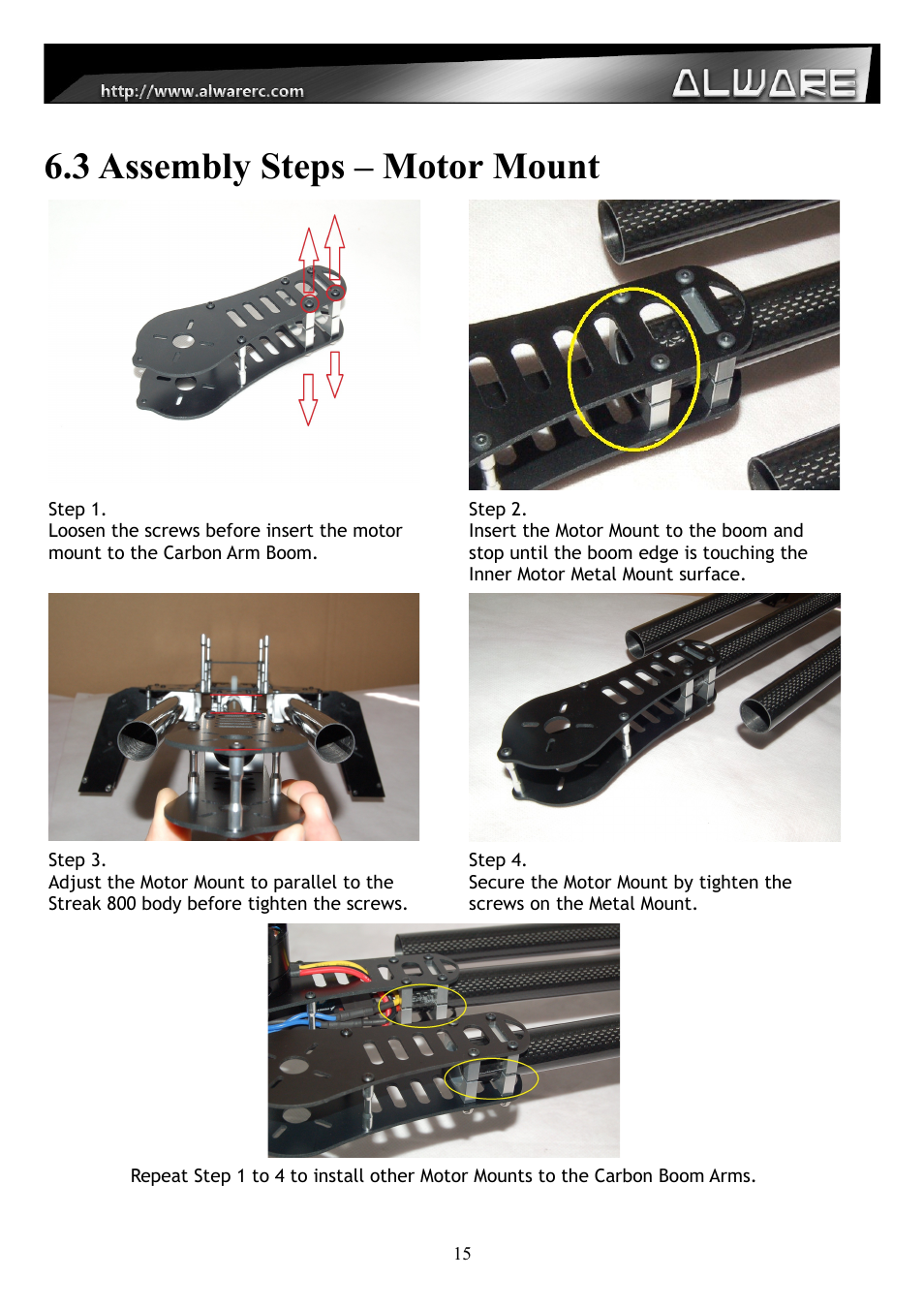 3 assembly steps – motor mount | Alwarerc Streak 800 Hexacopter Combo User Manual | Page 15 / 26