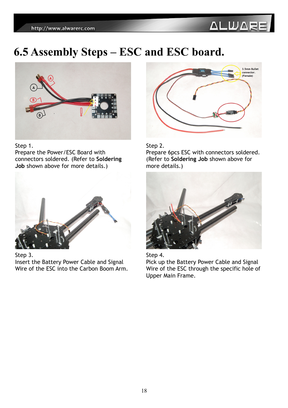 5 assembly steps – esc and esc board | Alwarerc Streak 800 Hexacopter Combo User Manual | Page 18 / 26
