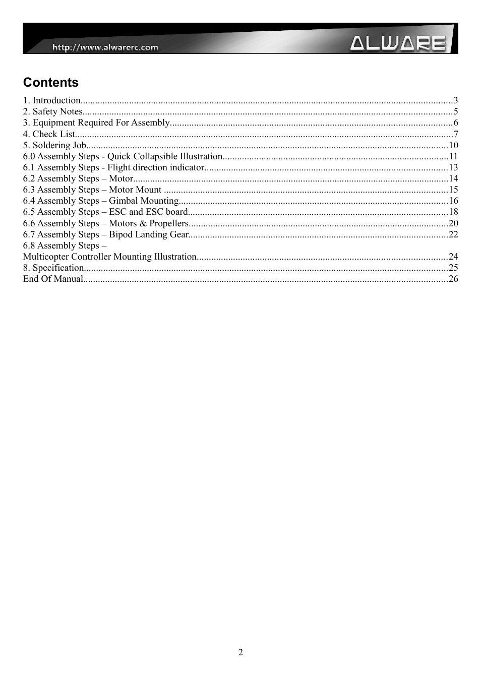 Alwarerc Streak 800 Hexacopter Combo User Manual | Page 2 / 26