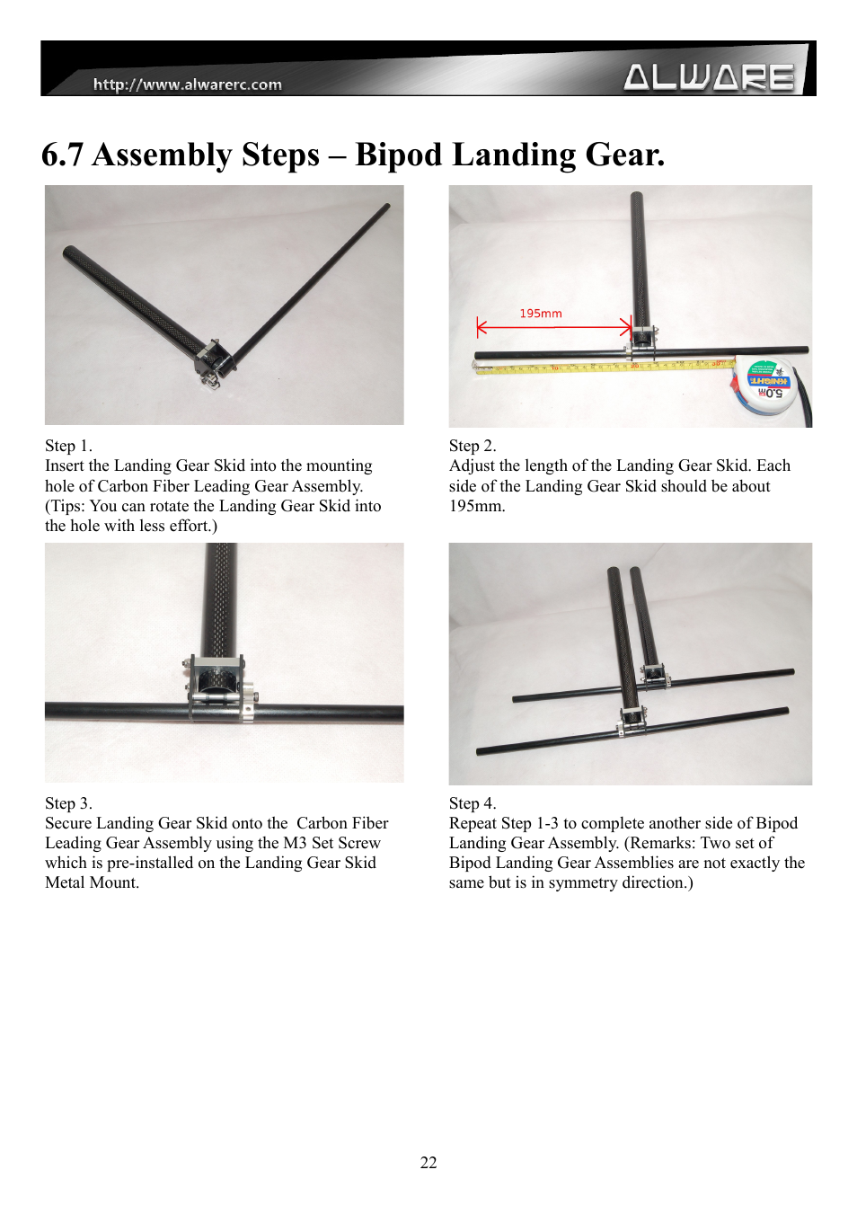 7 assembly steps – bipod landing gear | Alwarerc Streak 800 Hexacopter Combo User Manual | Page 22 / 26