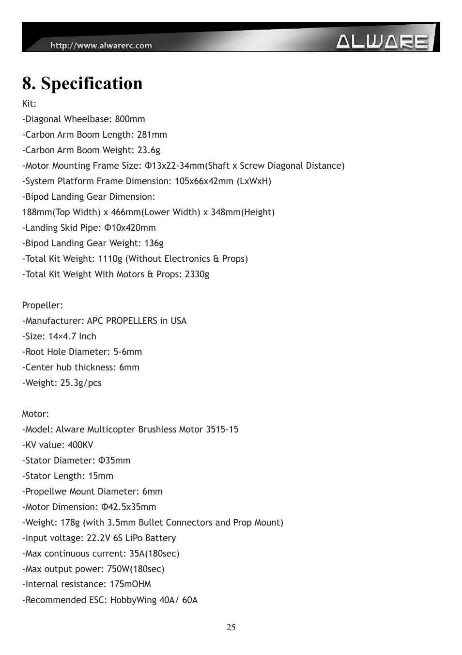 Specification | Alwarerc Streak 800 Hexacopter Combo User Manual | Page 25 / 26