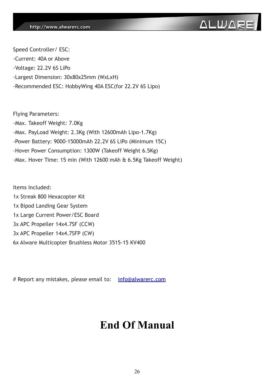End of manual | Alwarerc Streak 800 Hexacopter Combo User Manual | Page 26 / 26