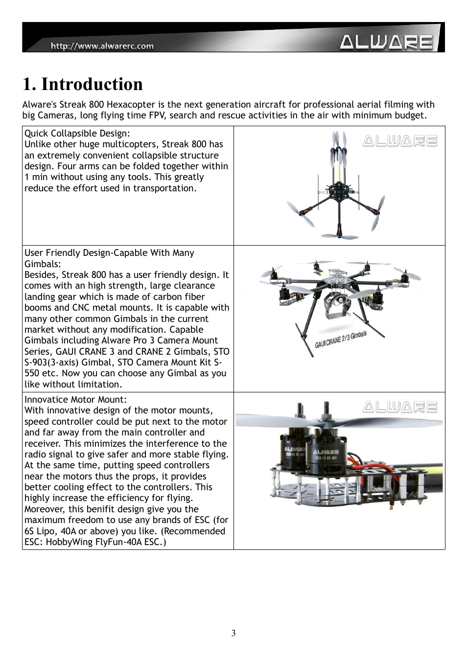 Introduction | Alwarerc Streak 800 Hexacopter Combo User Manual | Page 3 / 26
