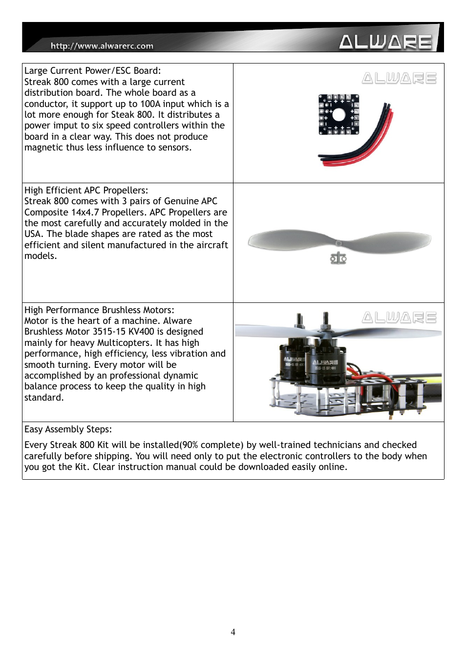 Alwarerc Streak 800 Hexacopter Combo User Manual | Page 4 / 26