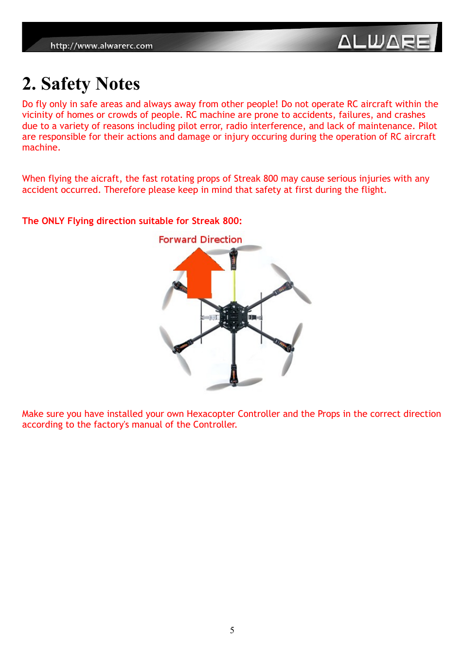 Safety notes | Alwarerc Streak 800 Hexacopter Combo User Manual | Page 5 / 26