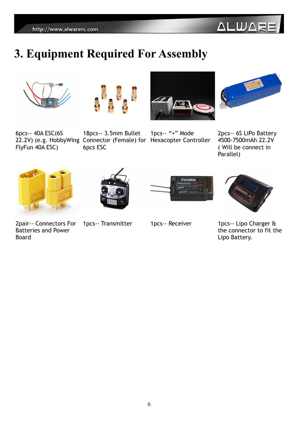 Equipment required for assembly | Alwarerc Streak 800 Hexacopter Combo User Manual | Page 6 / 26