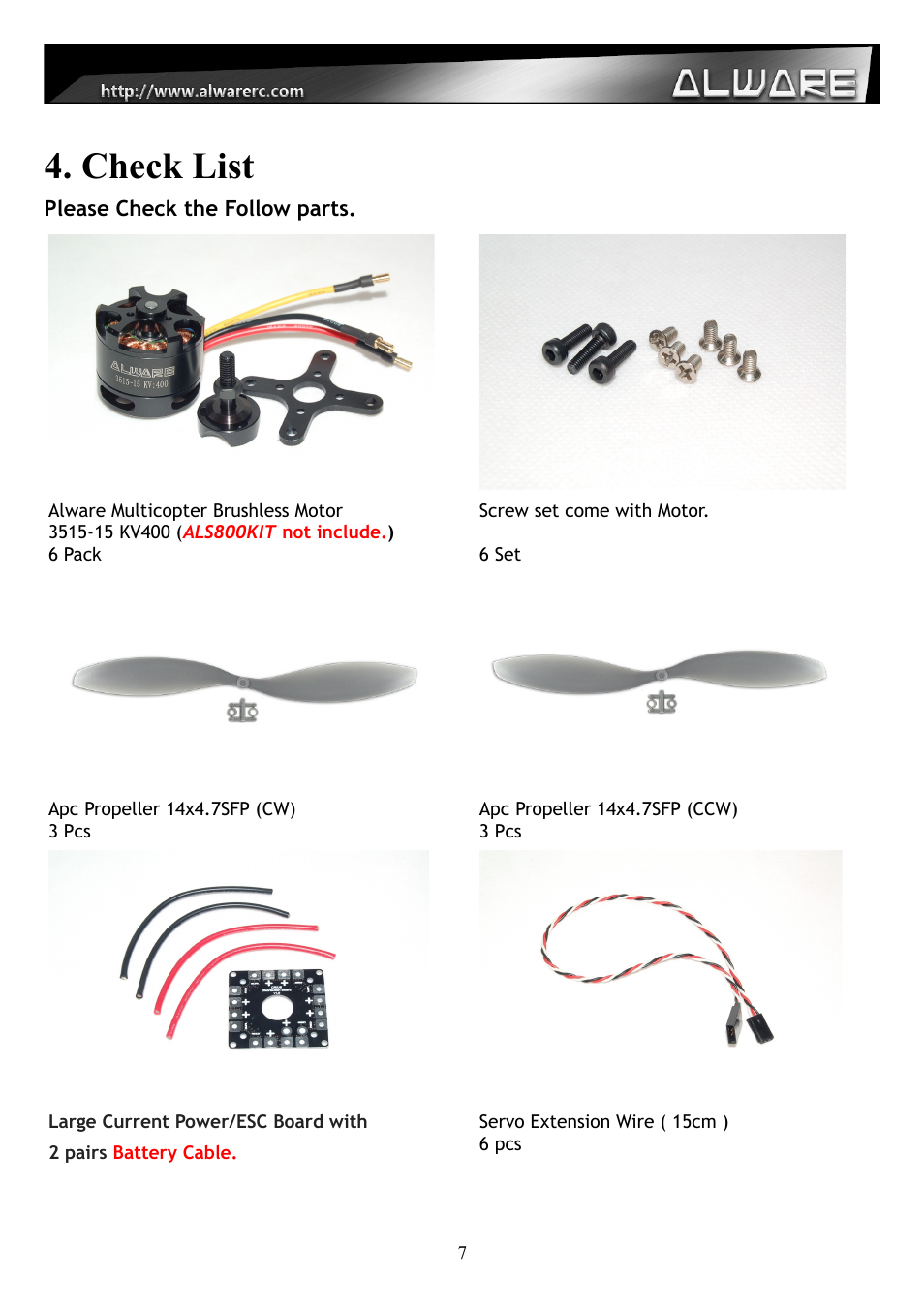 Check list | Alwarerc Streak 800 Hexacopter Combo User Manual | Page 7 / 26