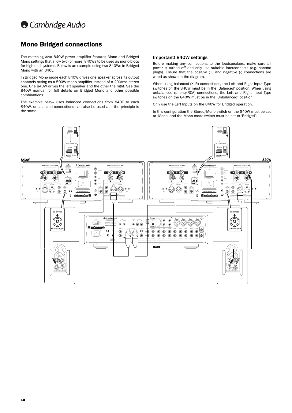 Mono bridged connections, Important! 840w settings, Balanced unbalanced | Risk of electric shock. do not open, Risque de choc electrique. ne pas ouvrir, Vorm öffnen des gerätes. netzstecker ziehen, Unbalanced), Balanced unbalanced balanced unbalanced, 840w | Cambridge Audio Azur 840EW User Manual | Page 10 / 16