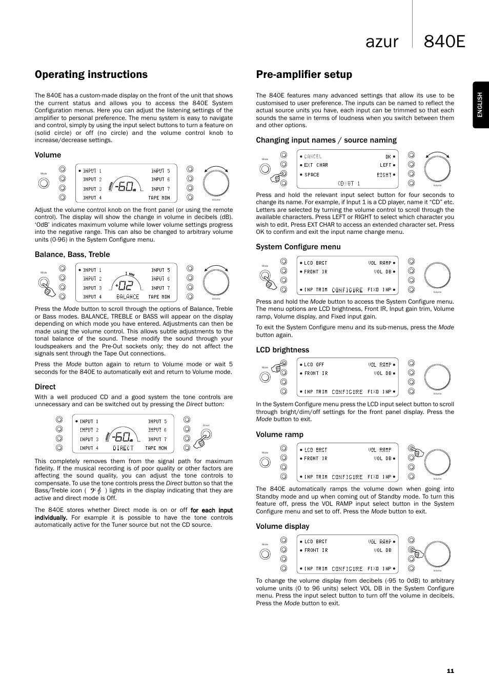 840e azur, Operating instructions, Pre-amplifier setup | Volume, Balance, bass, treble, Direct, Changing input names / source naming, System configure menu, Lcd brightness, Volume ramp | Cambridge Audio Azur 840EW User Manual | Page 11 / 16