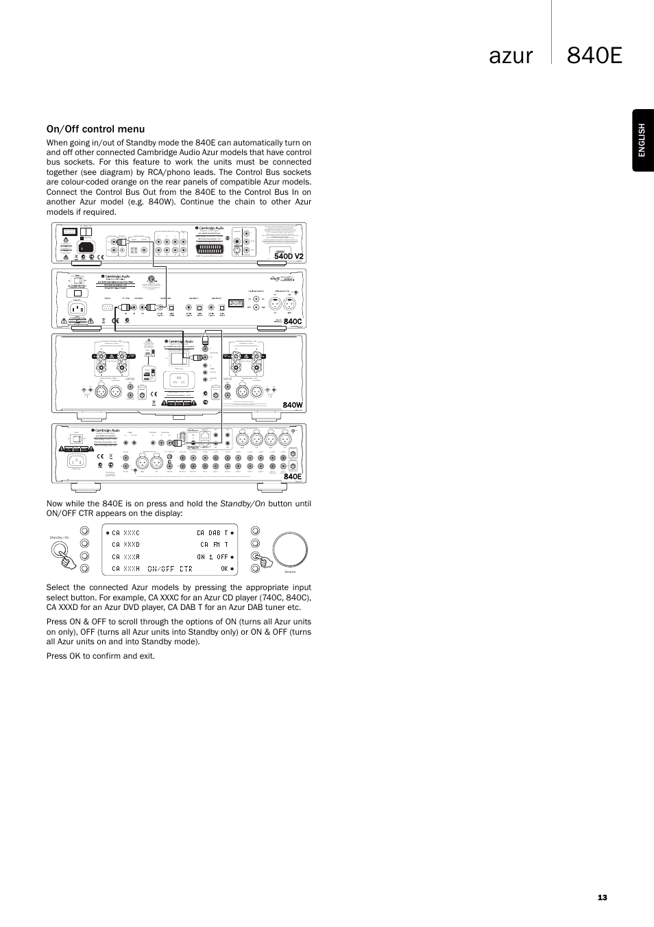 840e azur, On/off control menu, Unbalanced) | Balanced unbalanced balanced unbalanced, Risk of electric shock. do not open, Risque de choc electrique. ne pas ouvrir, Vorm öffnen des gerätes. netzstecker ziehen, Balanced unbalanced, Manufactured in an iso9002 approved facility, English 13 | Cambridge Audio Azur 840EW User Manual | Page 13 / 16